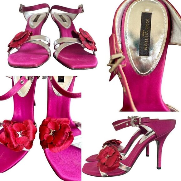 VTG. Y2K LOUIS VUITTON HEELS FLOWER DESIGN PINK SILVER STRAPPY SANDALS EUC 6 1/2 - Picture 5 of 7